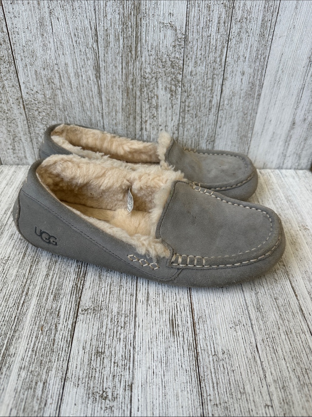 UGG Gray Suede Shearling Lined Moccasin Slippers